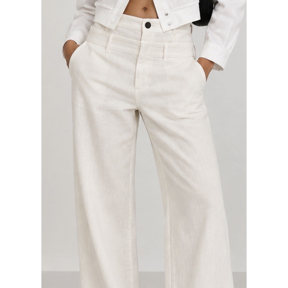 ZARA Double Waist High-Rise Ivory Linen Blend Wide Leg Pants Sz M